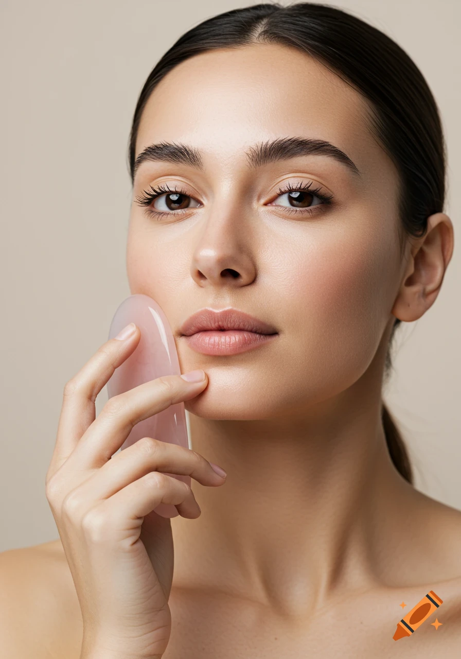 Close-up of a female model holding a pink gua sha face massager to her cheek.
