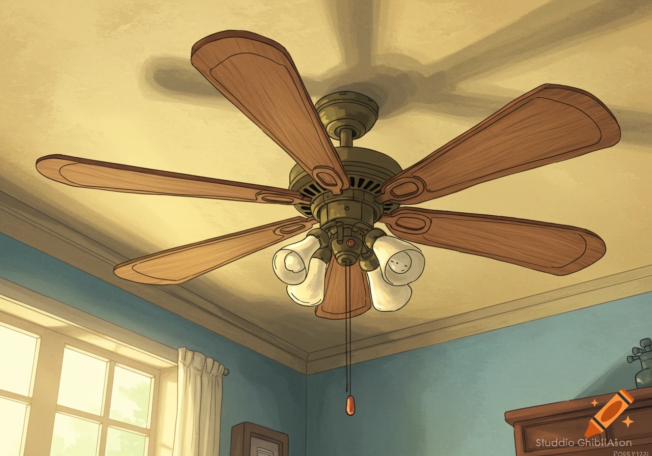 A stylized cartoon image of a wooden ceiling fan with three light fixtures, hanging from a light yellow ceiling in a room with a blue wall and a sunlit window.