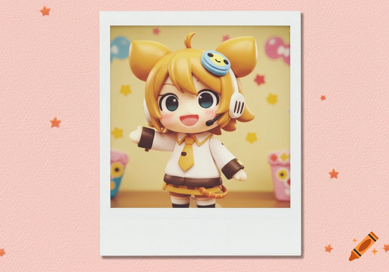 A cute anime-style figurine resembling a Nendoroid, with orange hair and headphones, inside a polaroid photo on a pink background with stars.