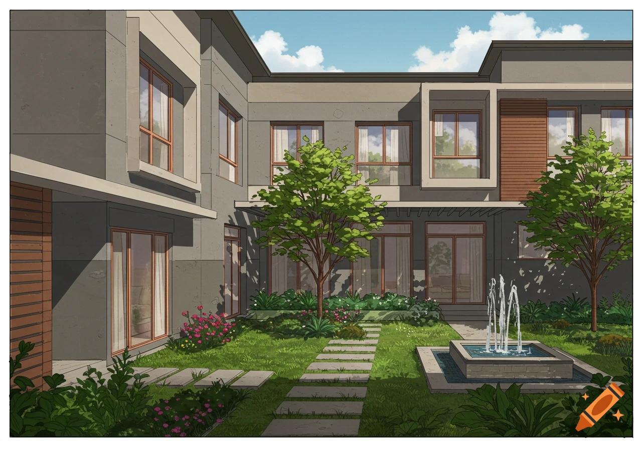 Illustrated courtyard of a modern duplex with a green lawn, trees, flowers, a stone path, and a fountain.