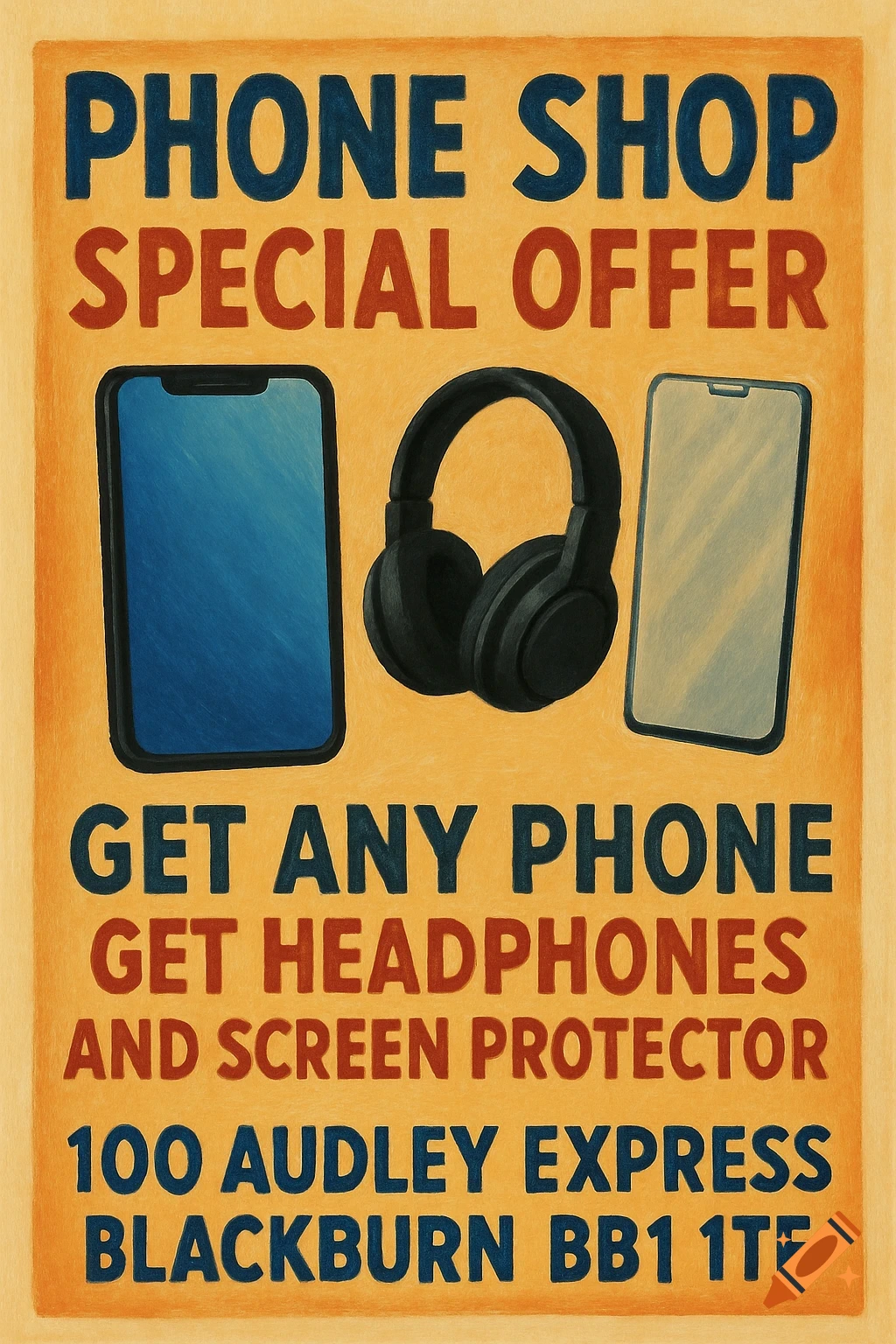 A hand-drawn style poster advertising a phone shop special offer, showing two smartphones and black headphones on a light orange background.