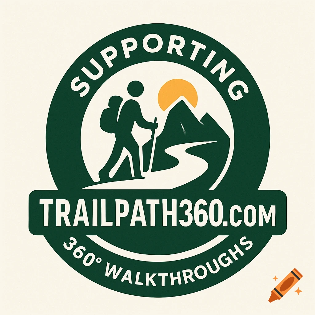 A circular green and off-white logo for Trailpath360.com featuring a hiker, mountains, and text 'Supporting 360° Walkthroughs'.