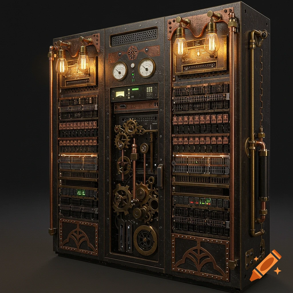 A detailed steampunk server rack with brass, copper, gears, gauges, and glowing vintage lights, set against a dark background.