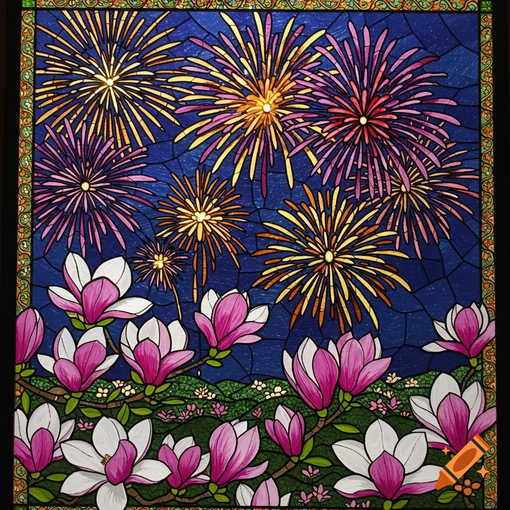 Stained glass illustration of colorful fireworks exploding above pink and white magnolia blossoms.