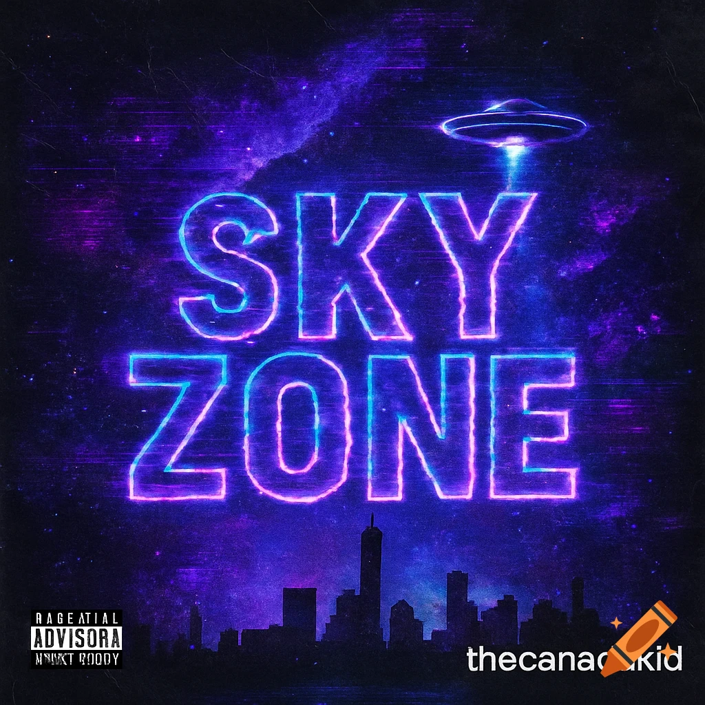 A dark, futuristic album cover with neon blue and purple glowing text "SKY ZONE" above a city skyline silhouette. A UFO beams light onto the city, set against a galaxy-like background with glitchy textures.