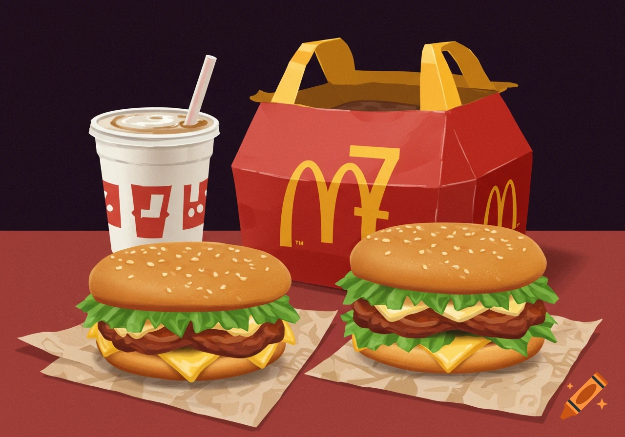 An illustration of two cheeseburgers, a drink, and a McDonald's bag on a red table.