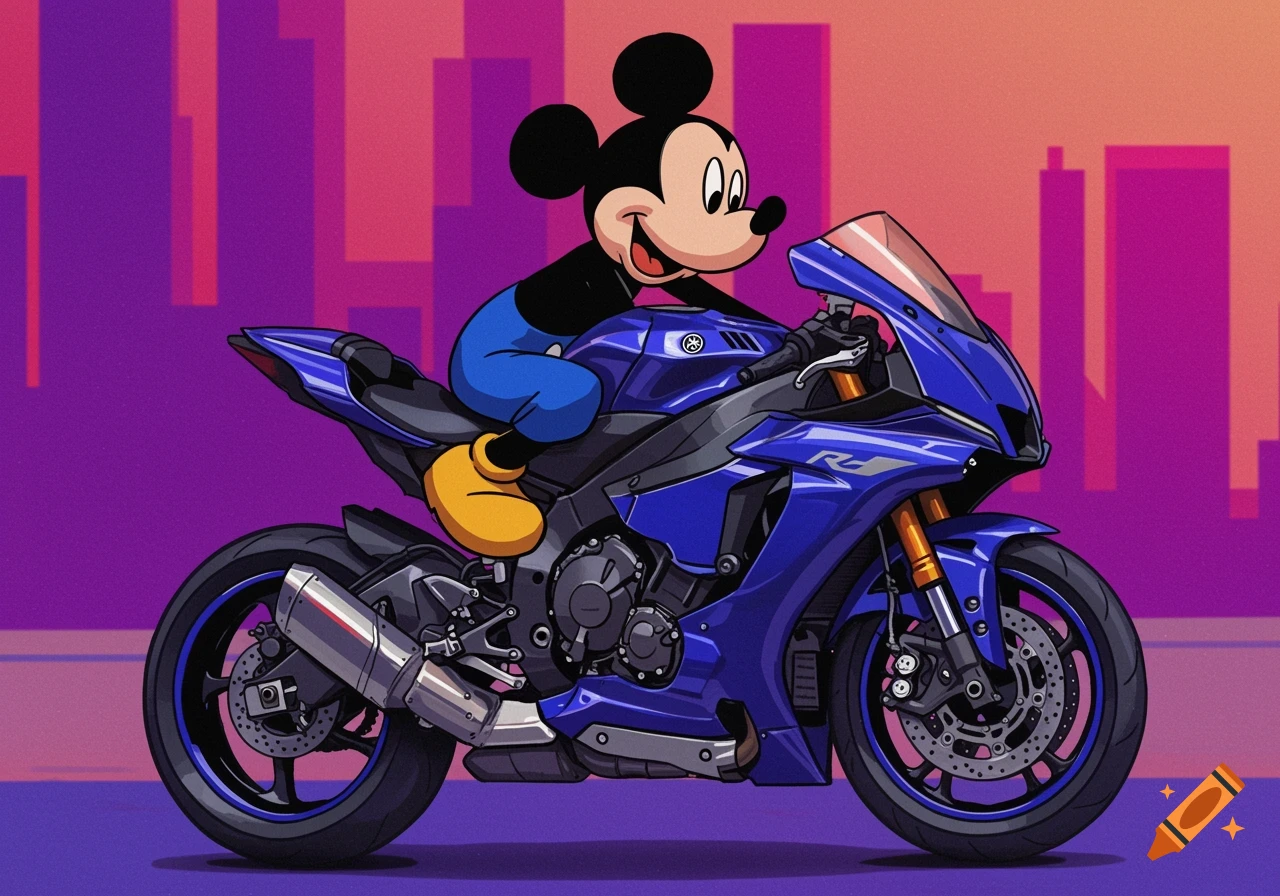 An illustration of Mickey Mouse in a blue shirt and yellow shoes riding a blue Yamaha R1 motorcycle against a purple and orange cityscape background.