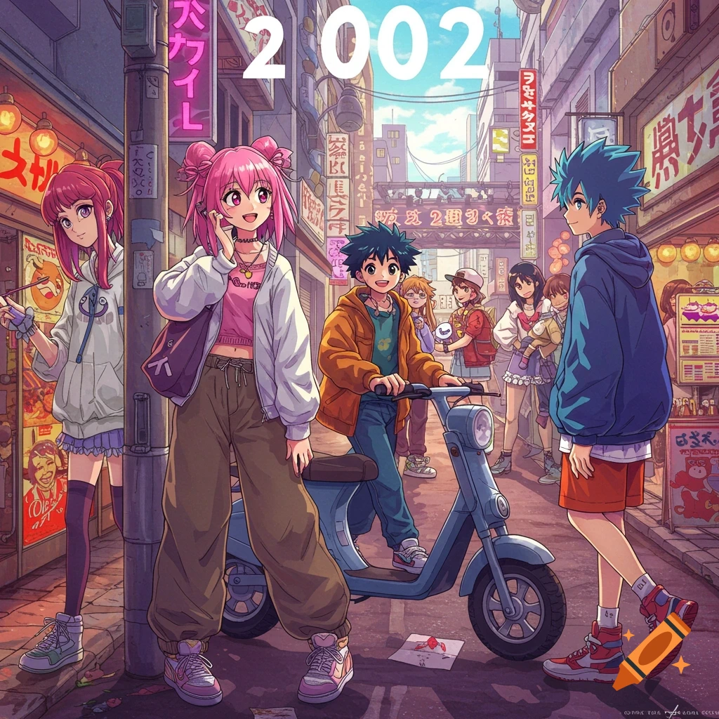 Anime characters gather on a lively urban street with shops and signs, with "2002" prominently displayed.