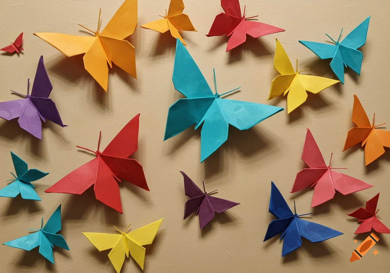 A vibrant collection of origami butterflies in various colors and sizes displayed on a light brown background.