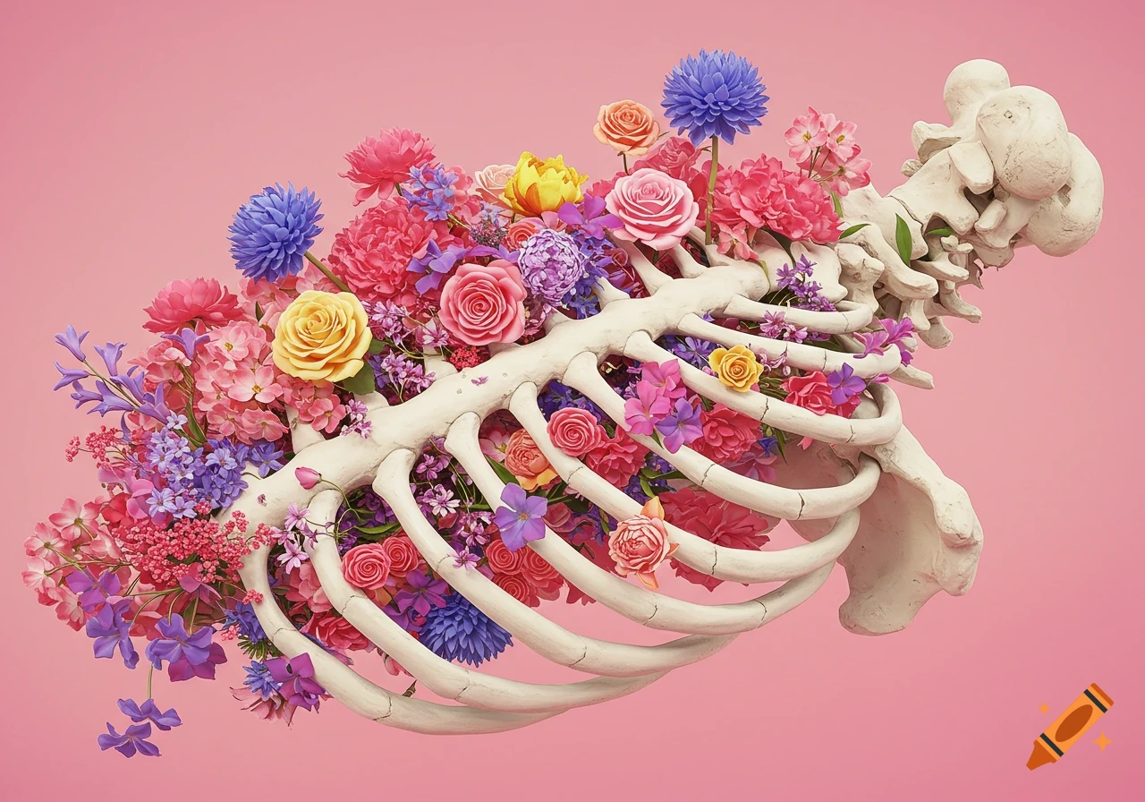 A white skeletal rib cage and spine bursting with a vibrant array of colorful flowers against a pink background.