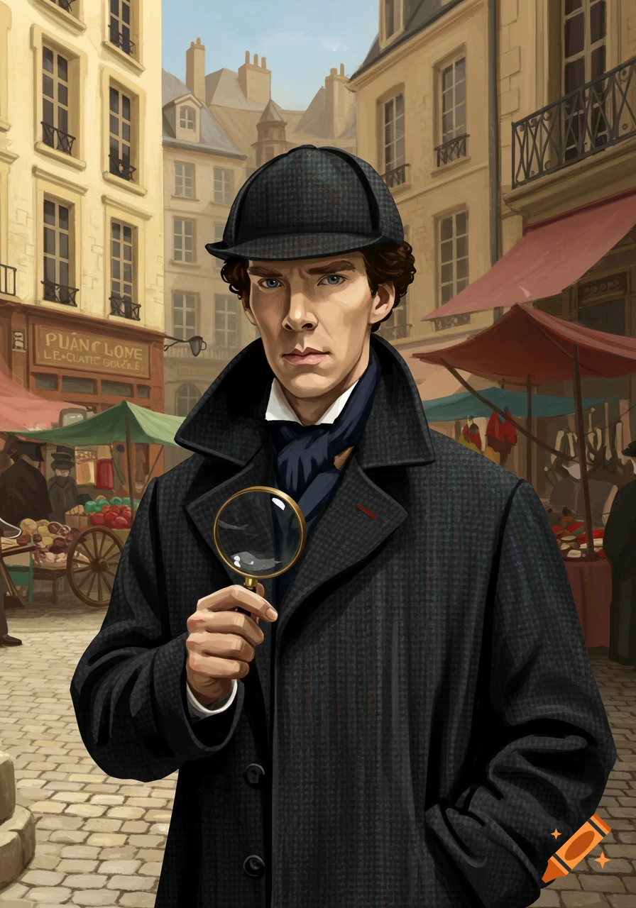 An illustrated Sherlock Holmes in a deerstalker hat and trench coat holds a magnifying glass in a bustling European street market.