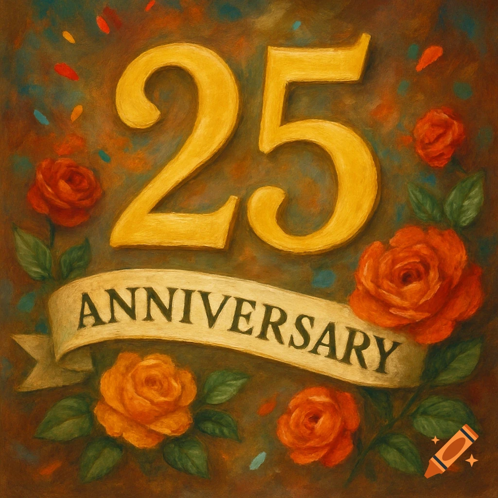 A painted image of the large gold number '25' surrounded by red and orange roses with green leaves. A banner beneath the numbers reads 'ANNIVERSARY'. The background is a textured brown with scattered colorful specks.