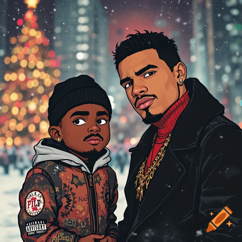 Cartoon depiction of an adult man and a child standing in a snowy city street with a blurred Christmas tree in the background, stylized illustration.