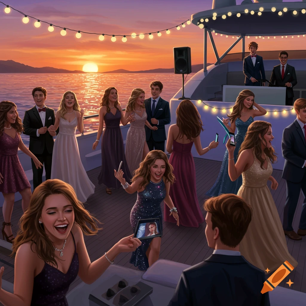A vibrant digital illustration of a prom party on a yacht at sunset, with young people dancing and socializing under string lights.