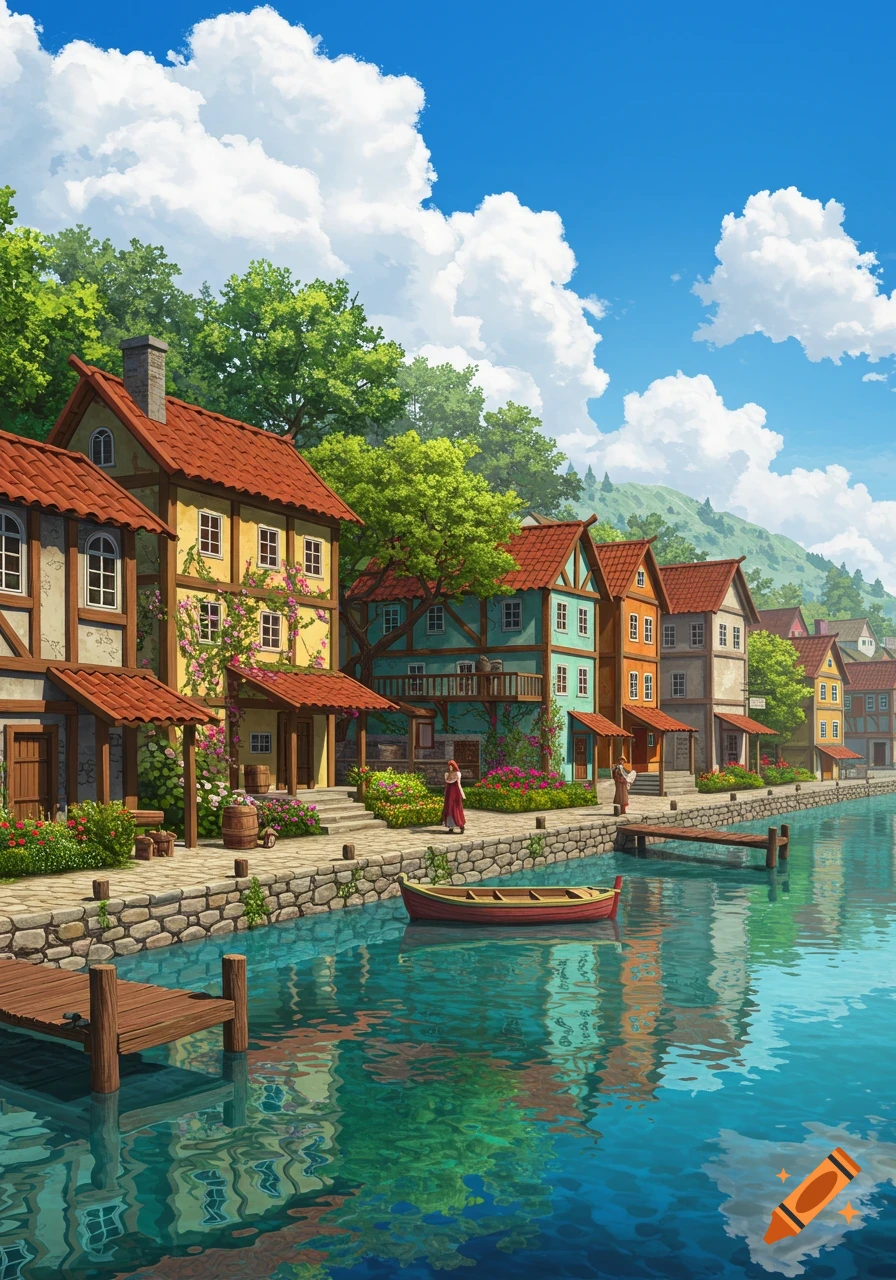 A vibrant, cartoon-style village along a tranquil canal, featuring colorful houses, lush green trees, a small boat, and clear blue skies.