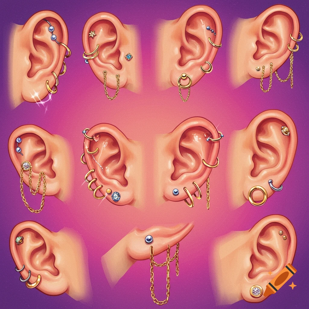 Multiple illustrations of ears with various types of ear piercings and jewelry, including studs, rings, and chains, on a purple and pink background.