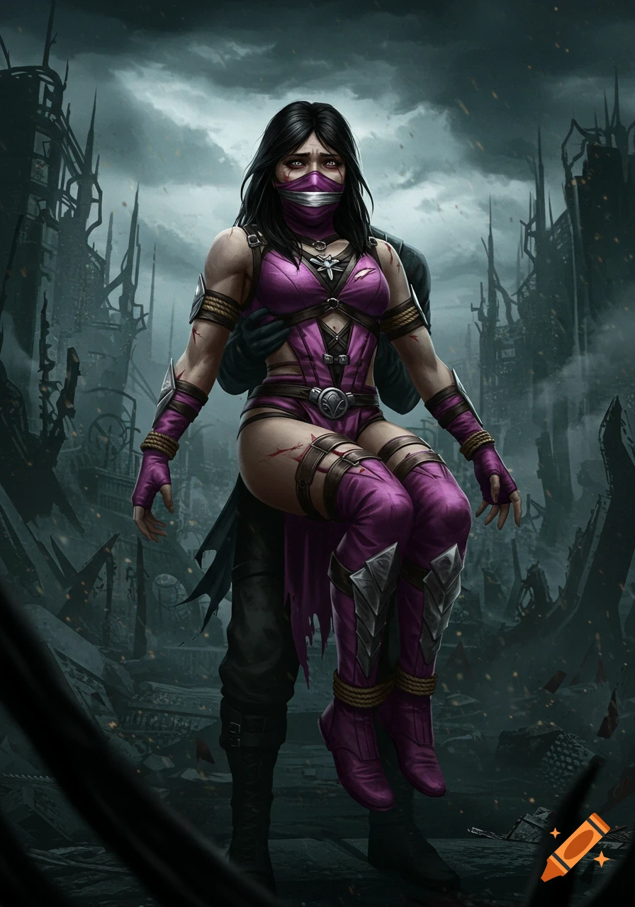 Mileena from Mortal Kombat, gagged and bound, carried by a dark figure in a ruined city. Digital painting style.