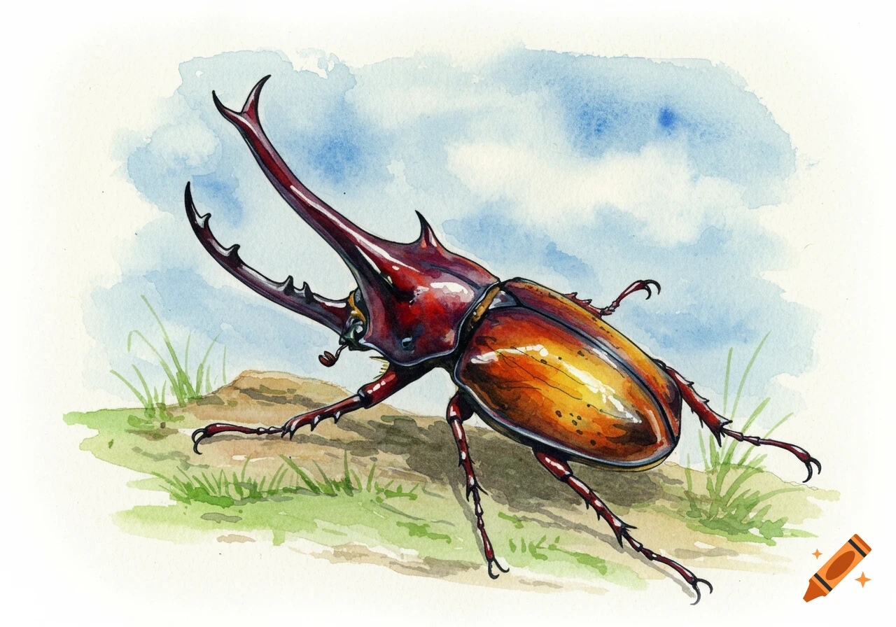 A vibrant watercolor painting of a Hercules beetle with large horns, on a patch of ground with a blue sky in the background.
