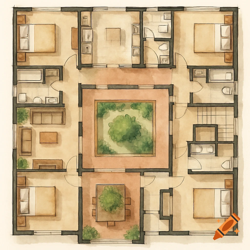 Watercolor style overhead view of a five-bedroom duplex floor plan with an internal courtyard.