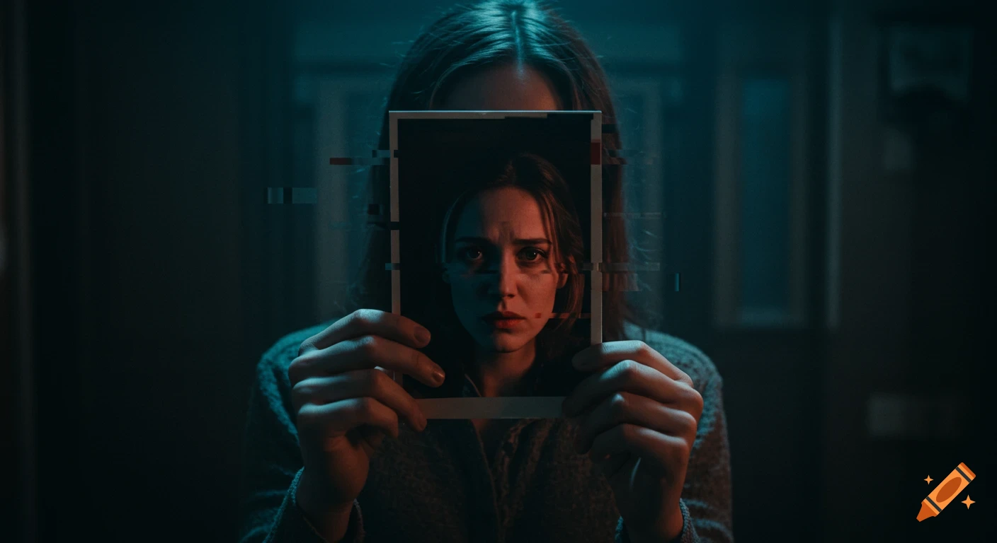 A woman holds a photo of herself with a glitched and distorted face, in a dark cinematic horror style.