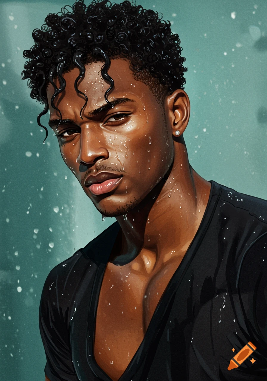 Stylized portrait of a wet man with dark skin and curly black hair, wearing a black v-neck shirt, against a teal background.