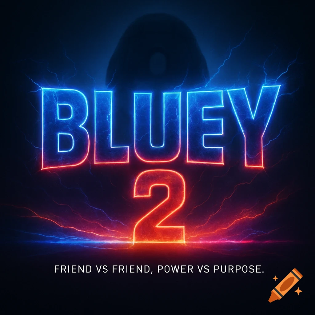 A movie logo for 'BLUEY 2' with electric blue and red glowing text, lightning effects, and a tagline 'FRIEND VS FRIEND, POWER VS PURPOSE.'