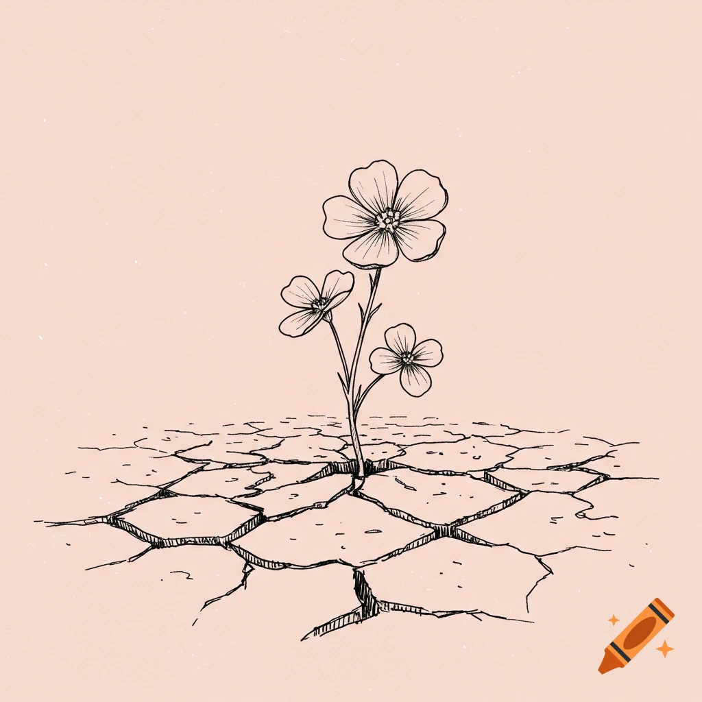 Sketched line art of a wildflower with three blooms breaking through cracked earth on a soft pink background.