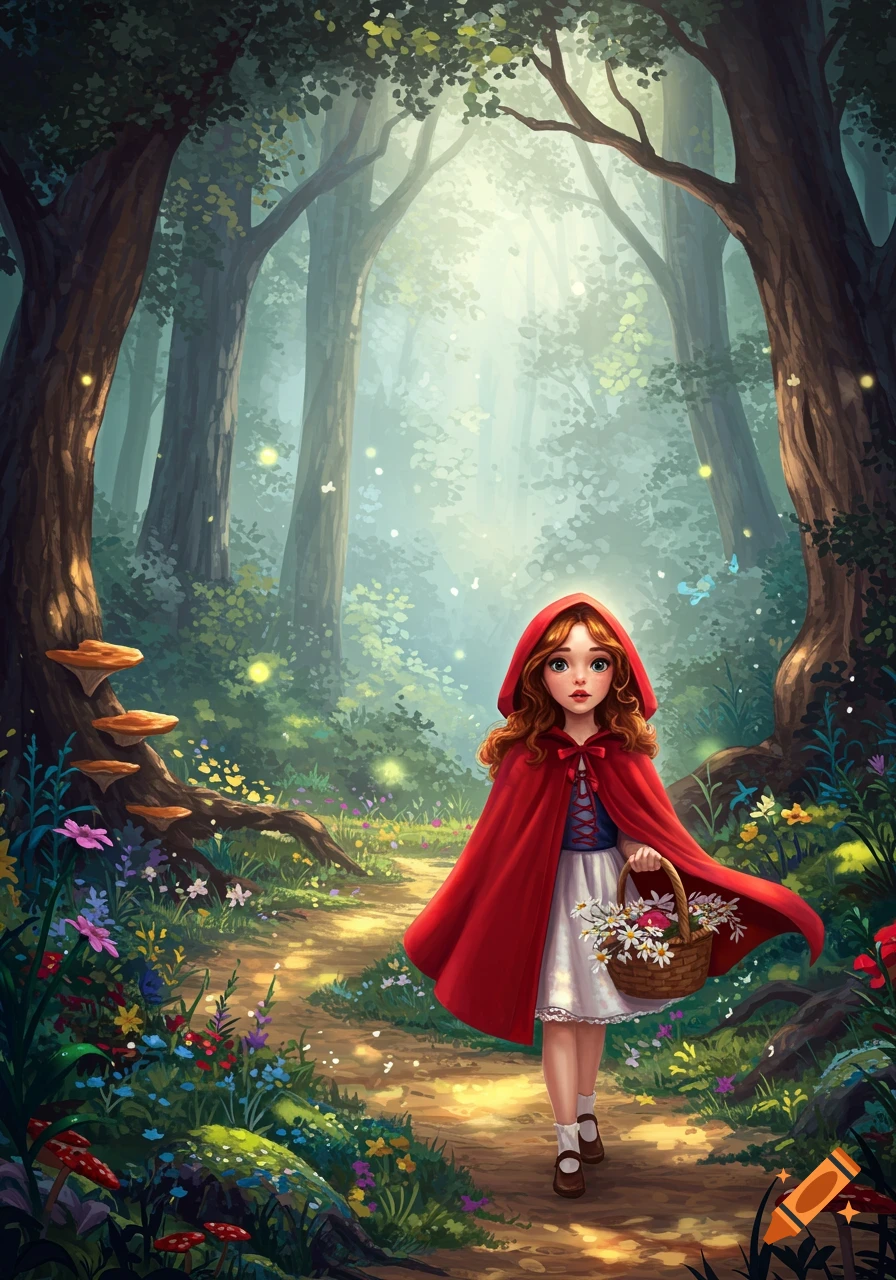 A vibrant illustration of Little Red Riding Hood walking through a magical forest, carrying a basket of flowers on a sunlit path.