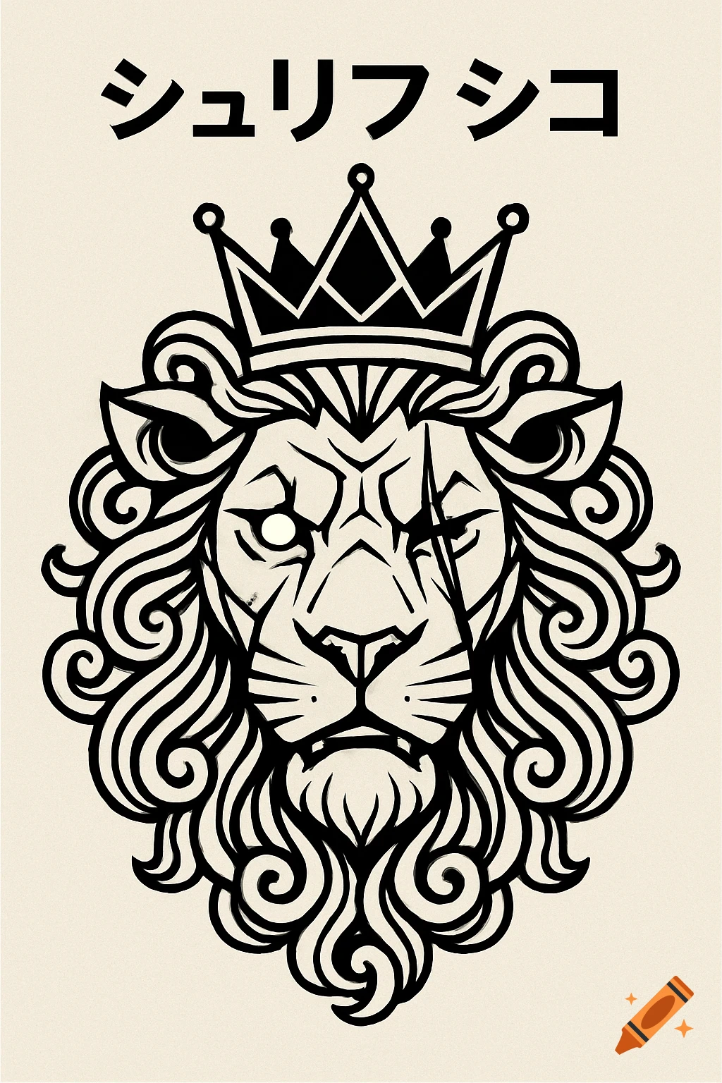 Stylized black and white line art of a lion's head wearing a crown, with a scratched, blind white eye and Japanese text above.