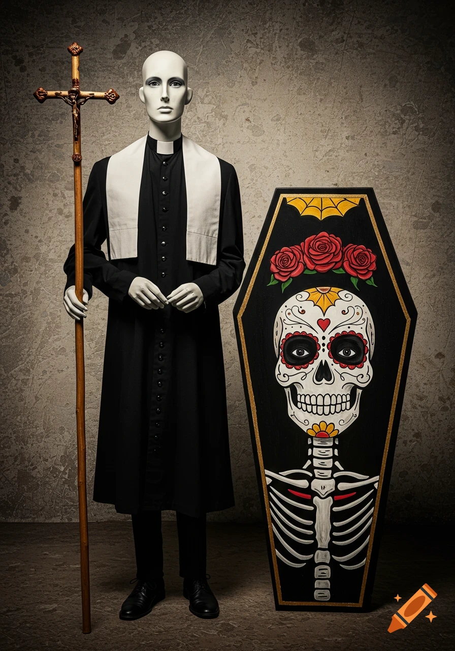 Mannequin dressed as a preacher holding a cross, standing next to a coffin painted with a colorful Dia de los Muertos skull.
