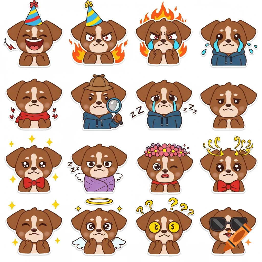 A grid of 16 cute chibi brown puppy stickers showing different expressions and costumes, including laughing, angry, crying, sleepy, detective, winking, surprised, and cool.