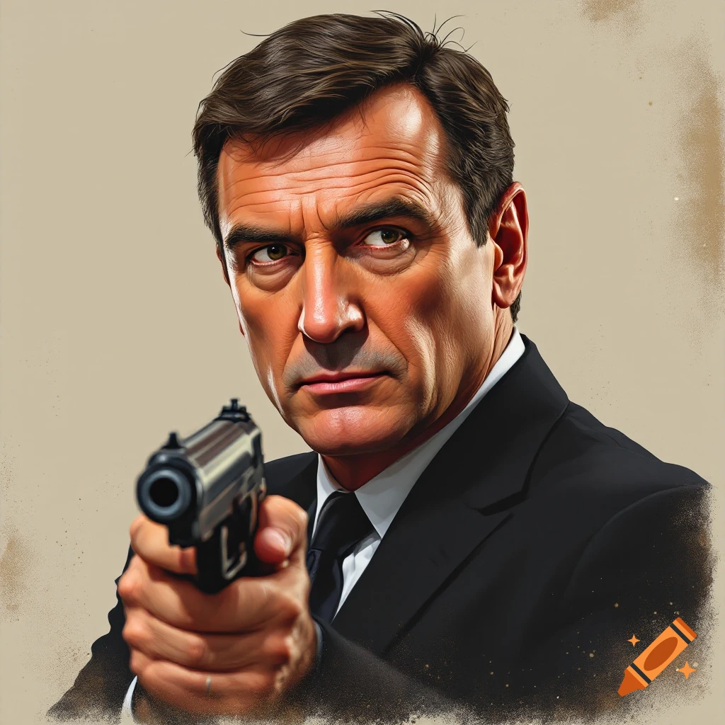 A stylized portrait of a man resembling Liam Neeson, wearing a suit and tie, holding a pistol and looking intently forward.