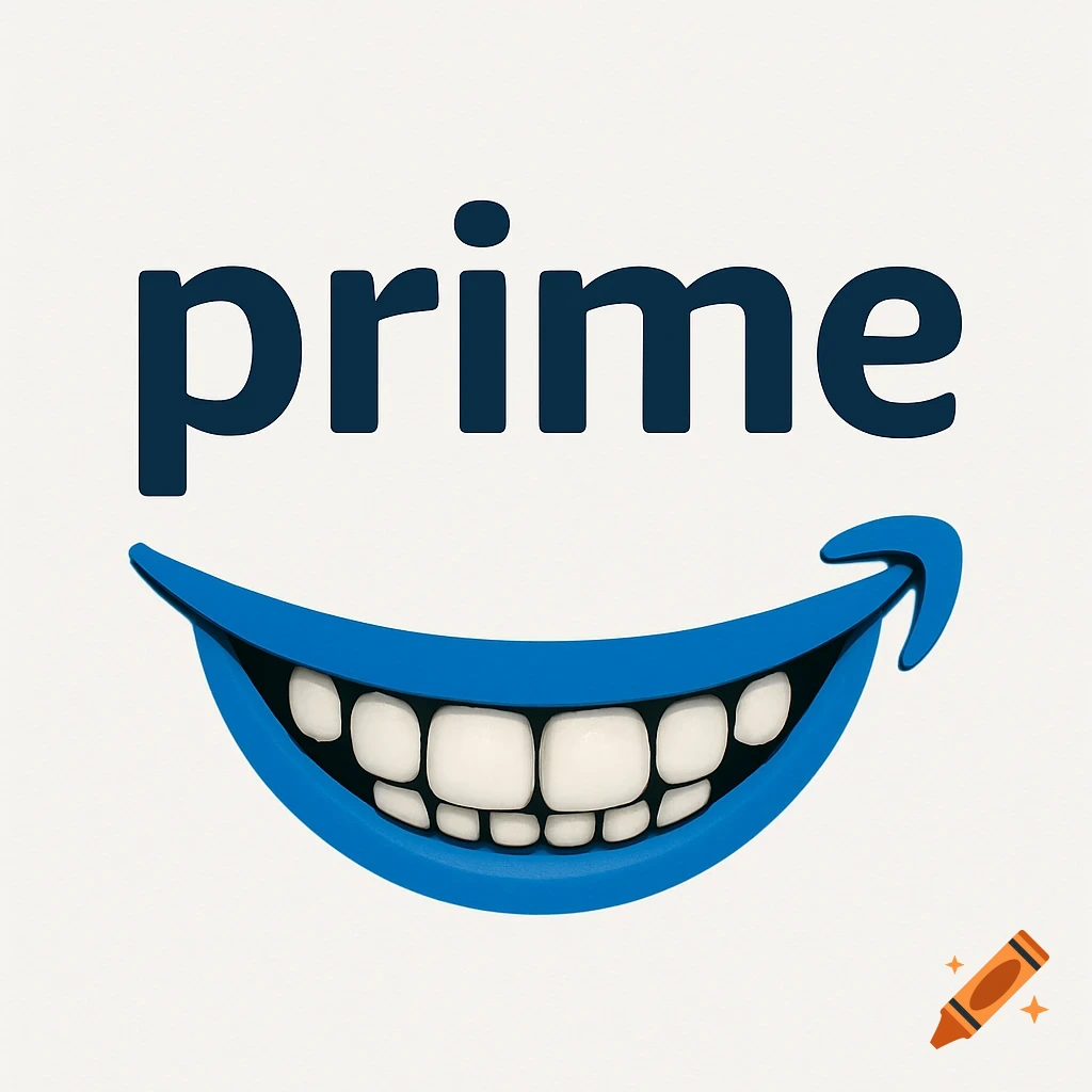 A modified Amazon Prime logo showing the word 'prime' and a blue smile with white, doll-like teeth.