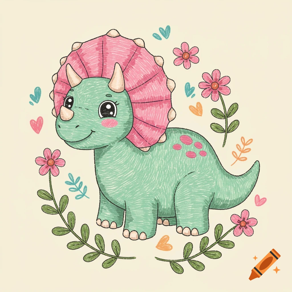 A cute green cartoon triceratops dinosaur with a pink frill and pink spots, surrounded by flowers and leaves, rendered in a textured, crayon-like style.