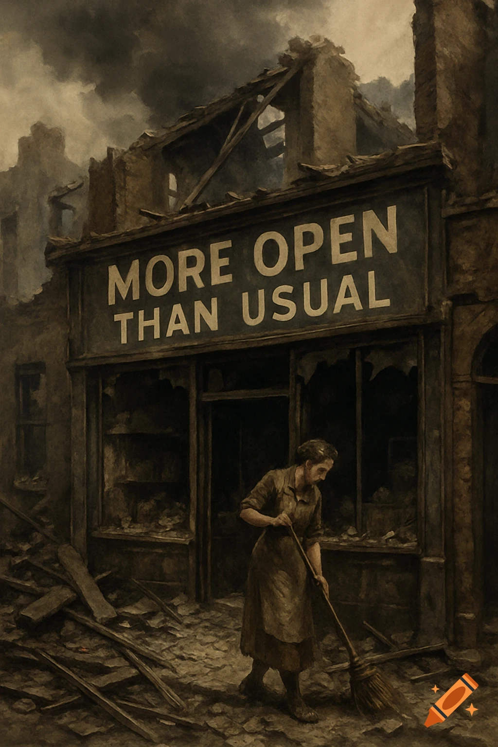A woman sweeps in front of a bombed-out shop with a 'MORE OPEN THAN USUAL' sign in wartime London, dark painterly style.