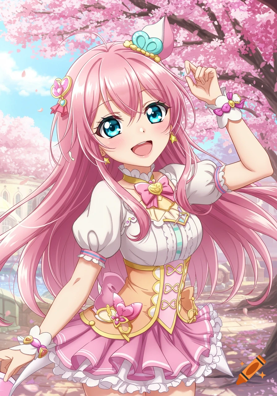 An anime girl with long pink hair and big blue eyes smiles, raising a hand, surrounded by pink cherry blossoms.