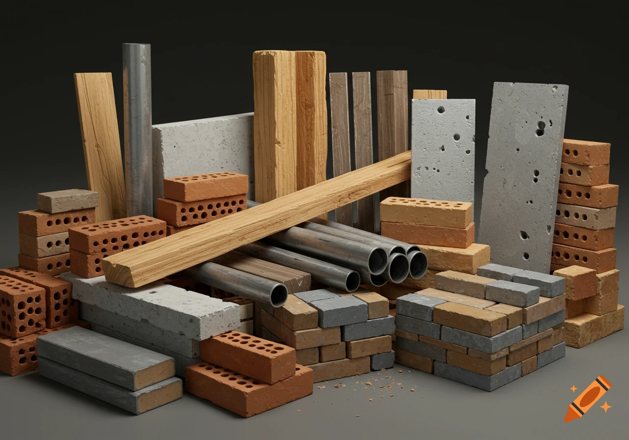 A photorealistic still life of various construction materials including wooden planks, concrete slabs, metal pipes, and stacks of bricks.