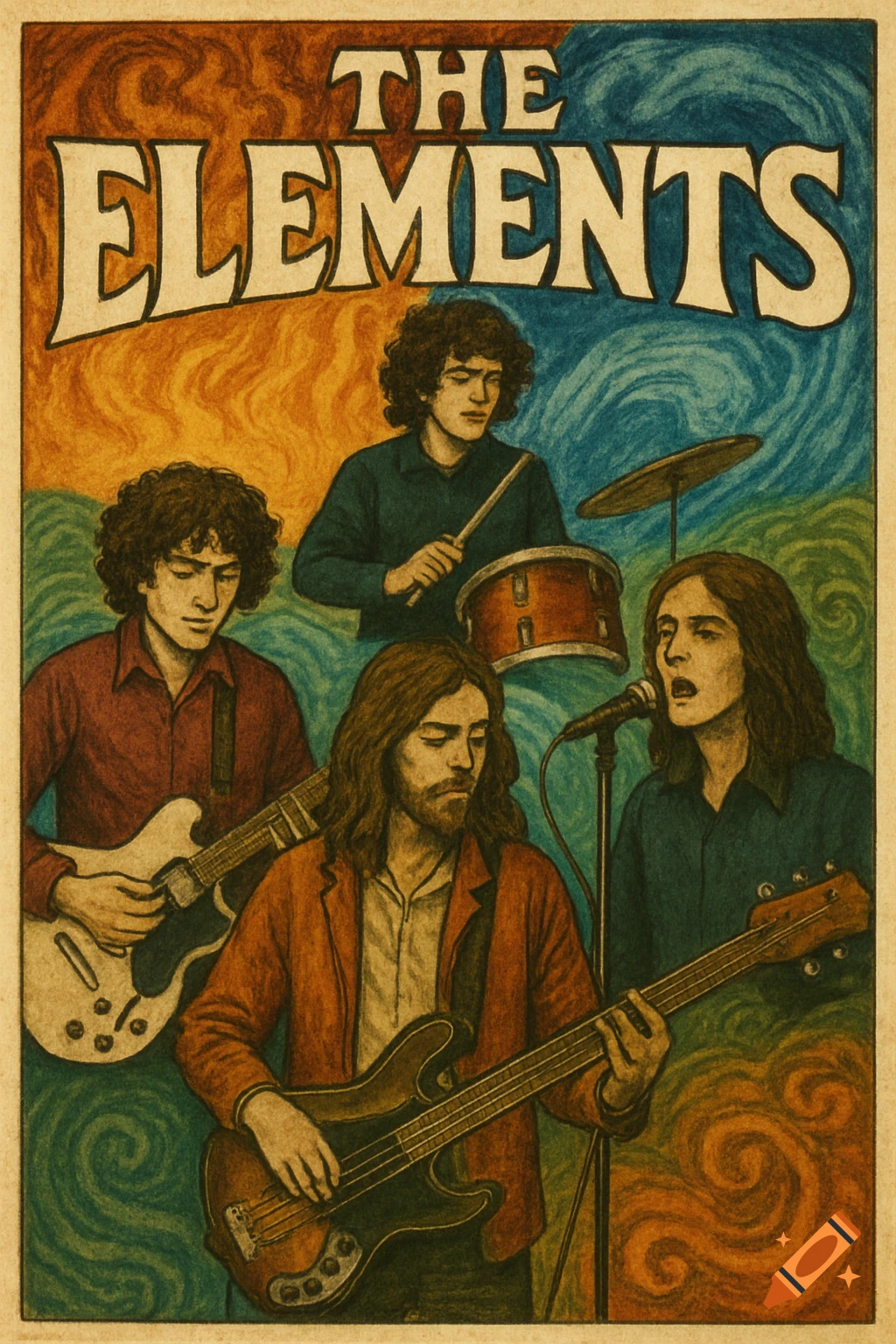 A vintage-style band poster for 'The Elements' featuring four male musicians with instruments, set against a swirling background of fire and water elements.