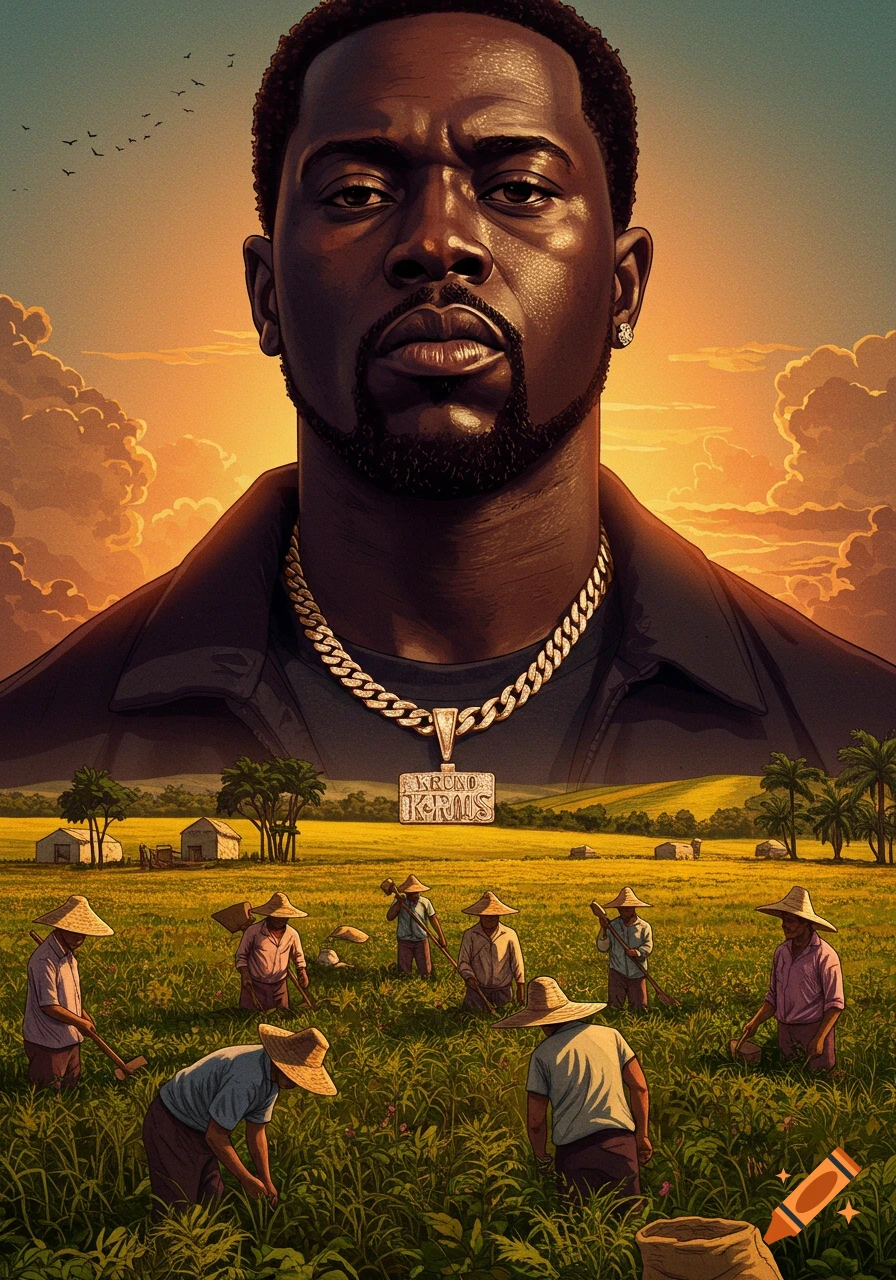 A striking illustration of a man with a gold chain, overlooking a rural field where farm workers are toiling under a sunset sky.