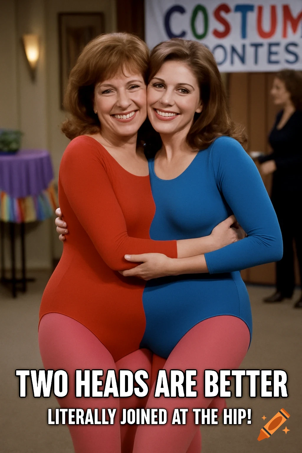 Two women in a red and blue leotard and pink tights embrace, appearing as one merged body with two heads, in a comedic costume contest.