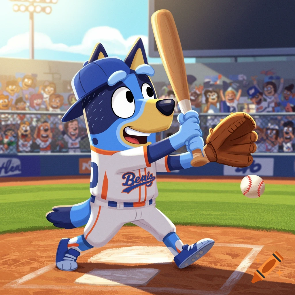 A cartoon blue dog character, Bandit Heeler, in a baseball uniform swings a bat on a baseball field.