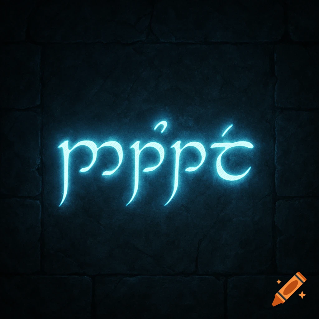 Glowing blue Tengwar script spelling 'Mellon' (friend) on a dark stone wall, reminiscent of the Gates of Moria.