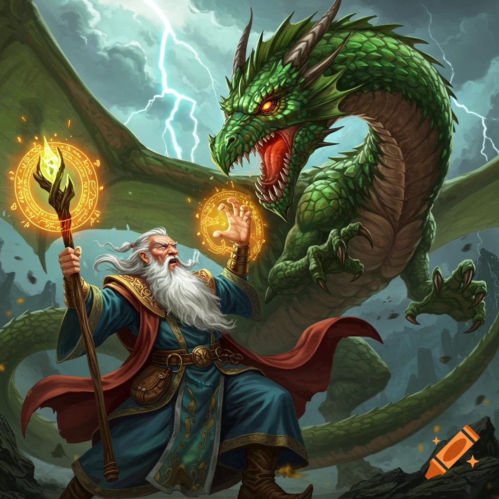 A white-bearded wizard in blue robes casts a spell with glowing hands and staff, facing a roaring green dragon with lightning in the background, in a dynamic fantasy art style.