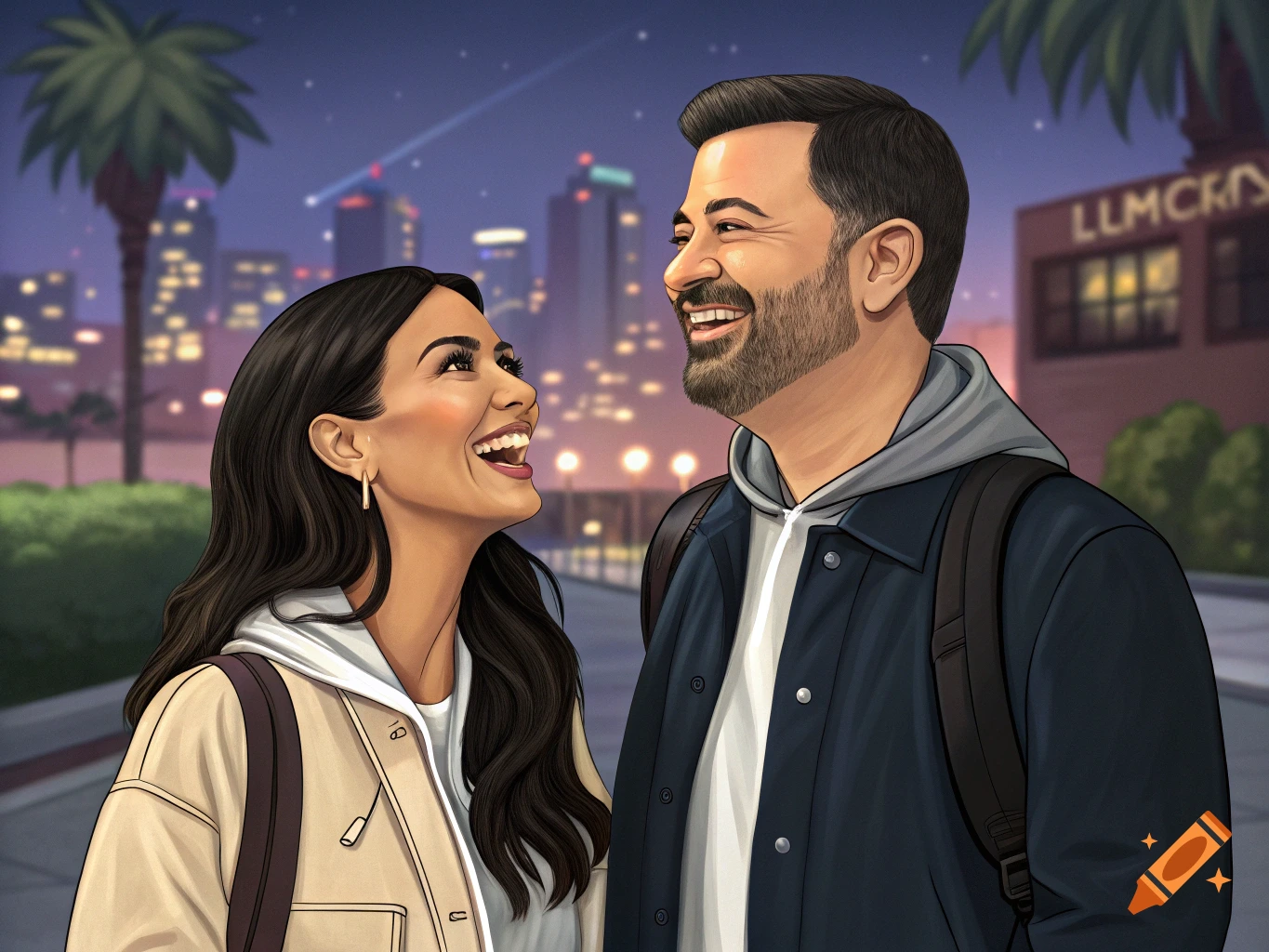 Stylized portrait of a smiling man and woman looking at each other in a nighttime city scene with palm trees.