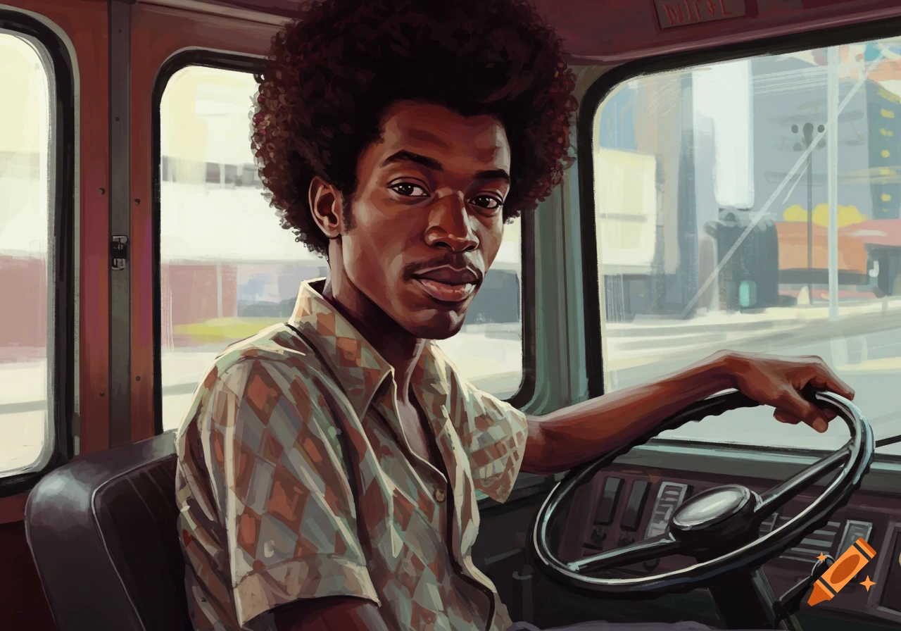 A man with a large Afro and patterned shirt drives a bus, looking towards the viewer in an illustrative style.