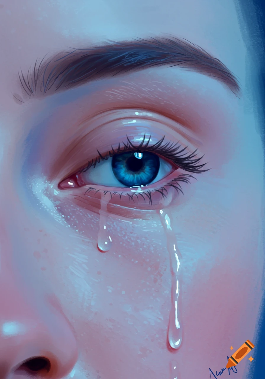 Close-up digital illustration of a blue eye with tears streaming down the cheek, conveying sadness.