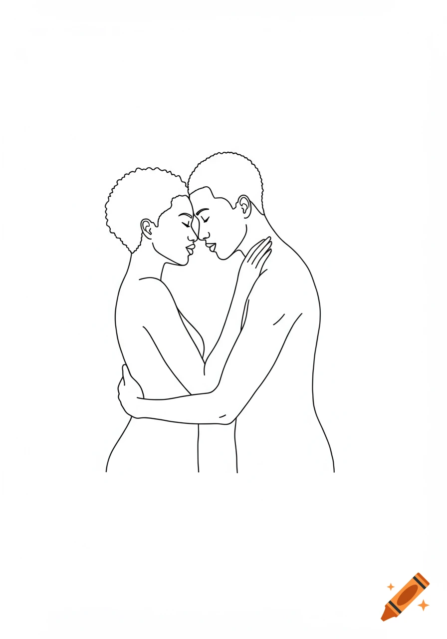 Minimalist black and white line art illustration of a couple embracing with heads close.