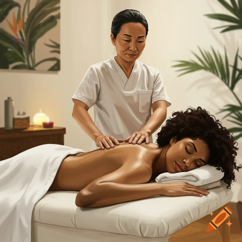 A woman receives a back massage from a therapist on a table in a dimly lit spa room.