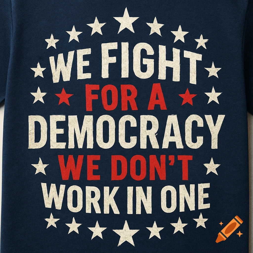 A blue t-shirt graphic with white and red text and stars. The text reads 'WE FIGHT FOR A DEMOCRACY WE DON'T WORK IN ONE'.