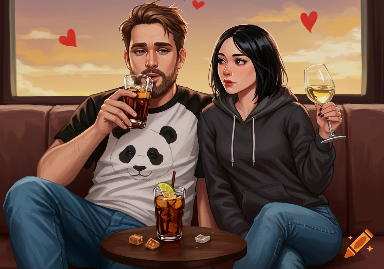 A man and woman relaxing on a couch, he drinks from a glass while she holds a wine glass, with red hearts floating around. Digital art.